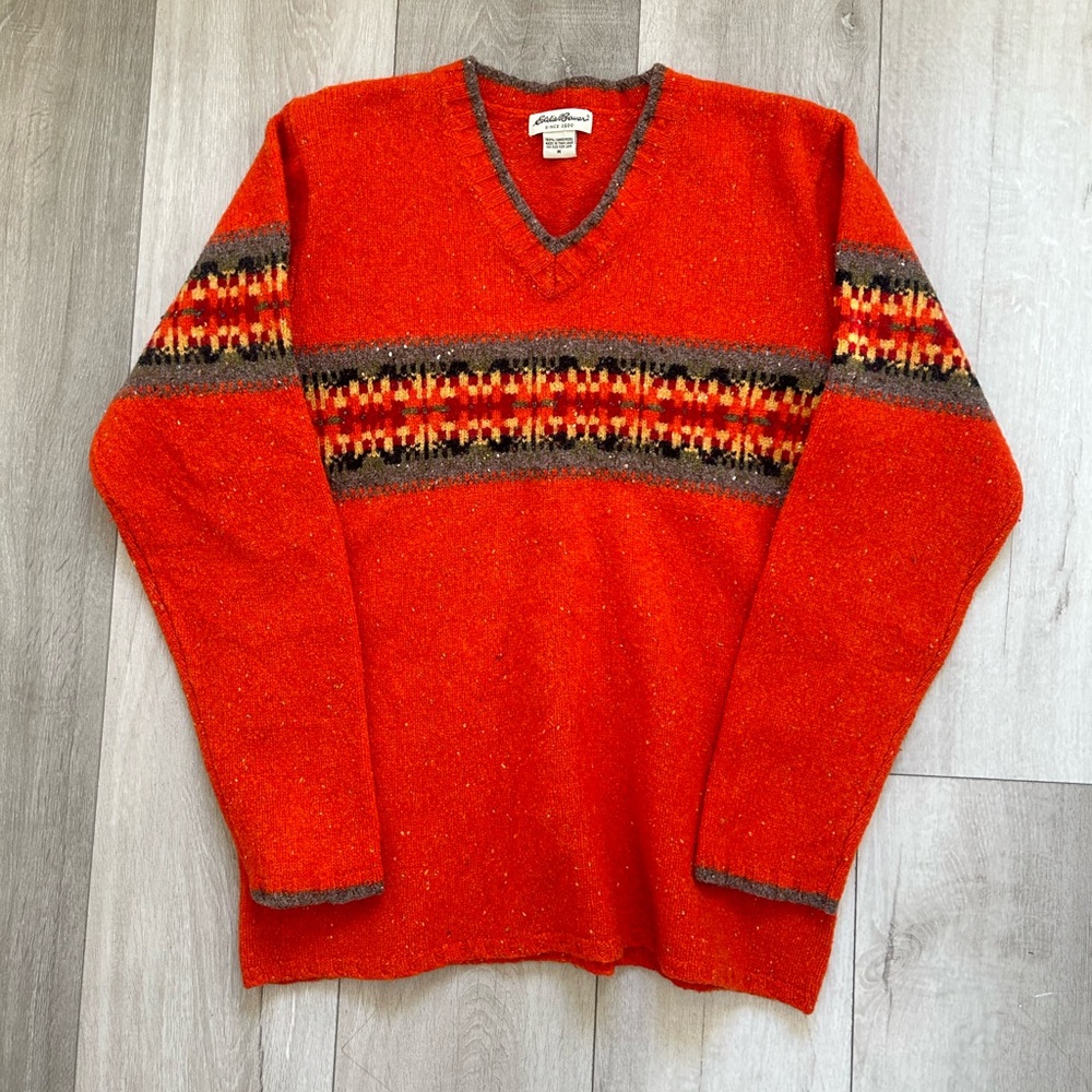 Women's Eddie Bauer 100% Lambswool V-Neck Knit Orange Sweater Size Medium